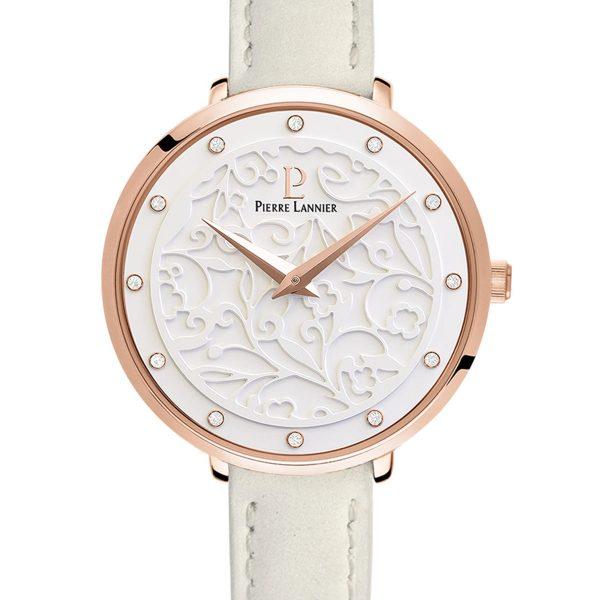 Pierre Lannier Ladie’s Eolia Crystals Rose Gold White Leather Strap 041K600